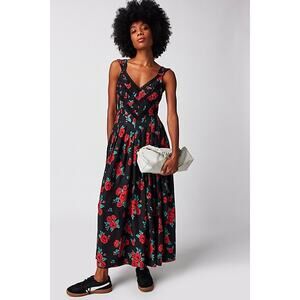 New Free People Lovers Heart Midi Dress $168 Medium Black & Red Floral Lace Trim